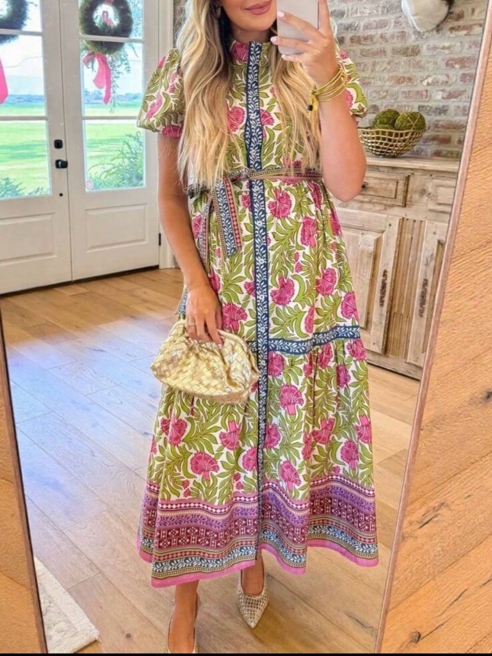 Sleeved Floral Maxi Dress in Green and Pink
